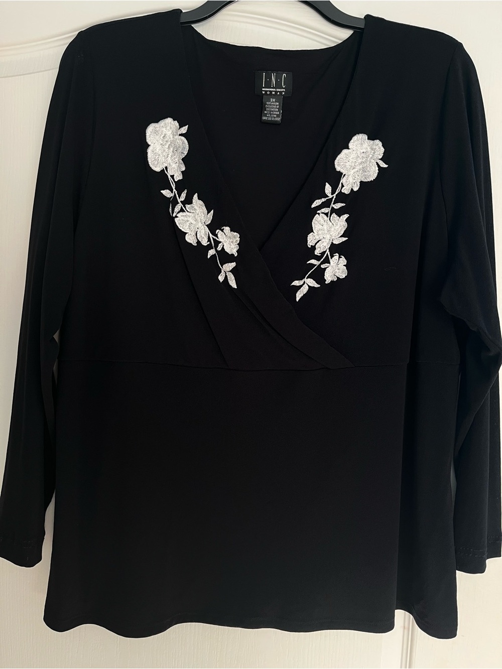 INC International Concepts Black V-Neck Embroidered Floral MeshTop